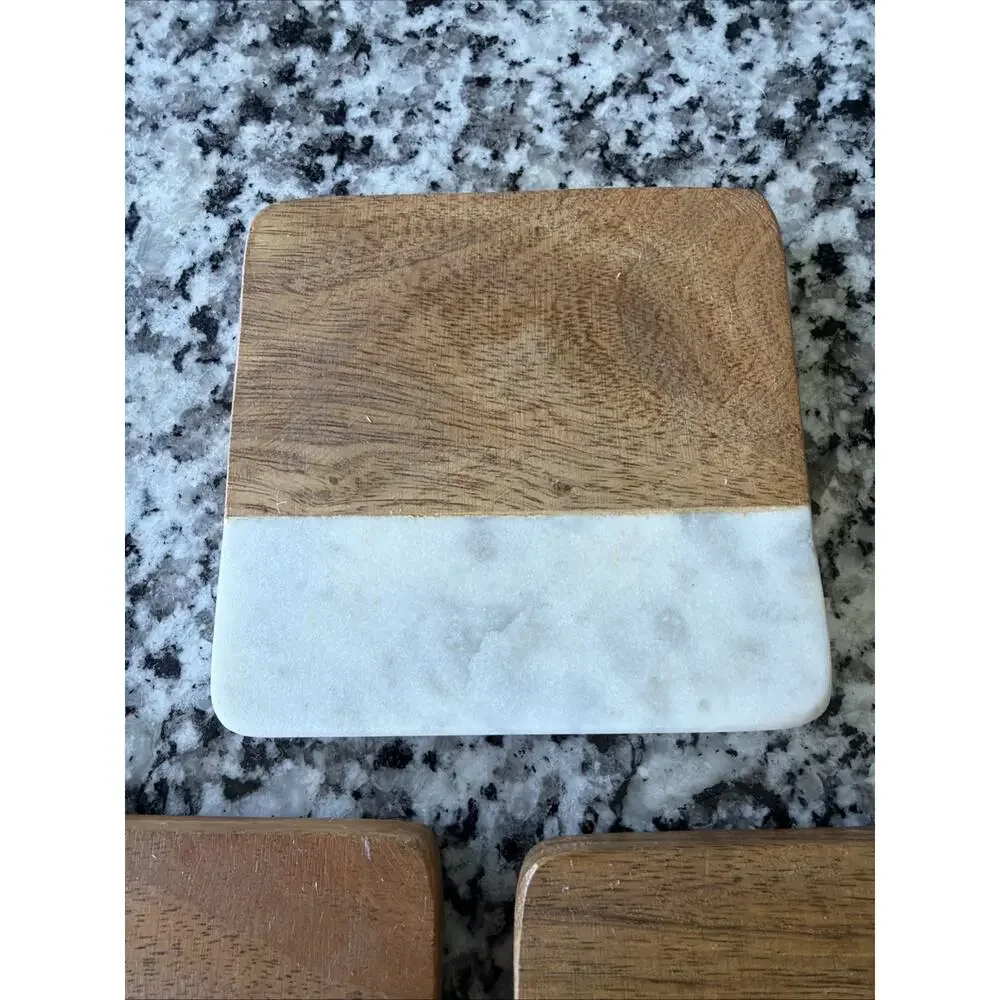 Manchester Coaster Set White Marble & Wood Threshold 4